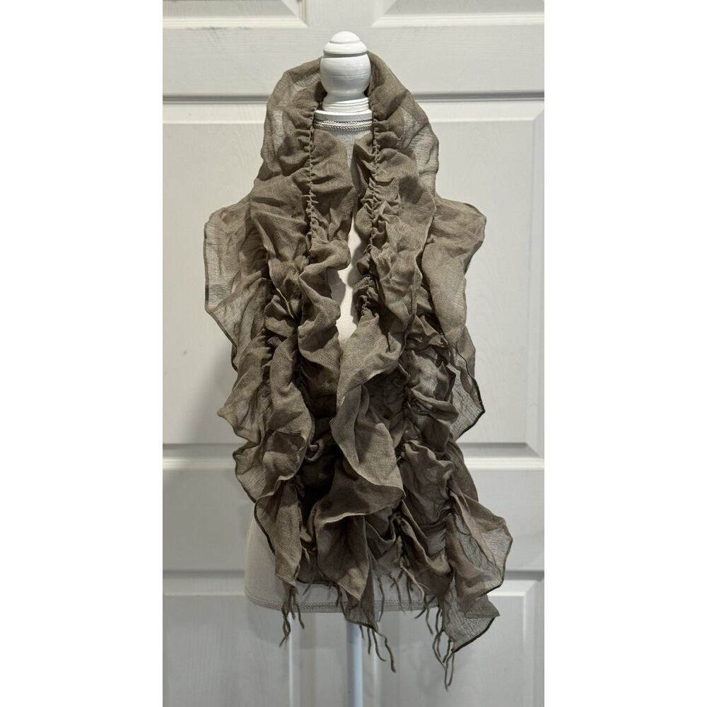 Anthropologie Soft Gray Taupe Wool Woven Ruffled Ruched Scarf Fringe